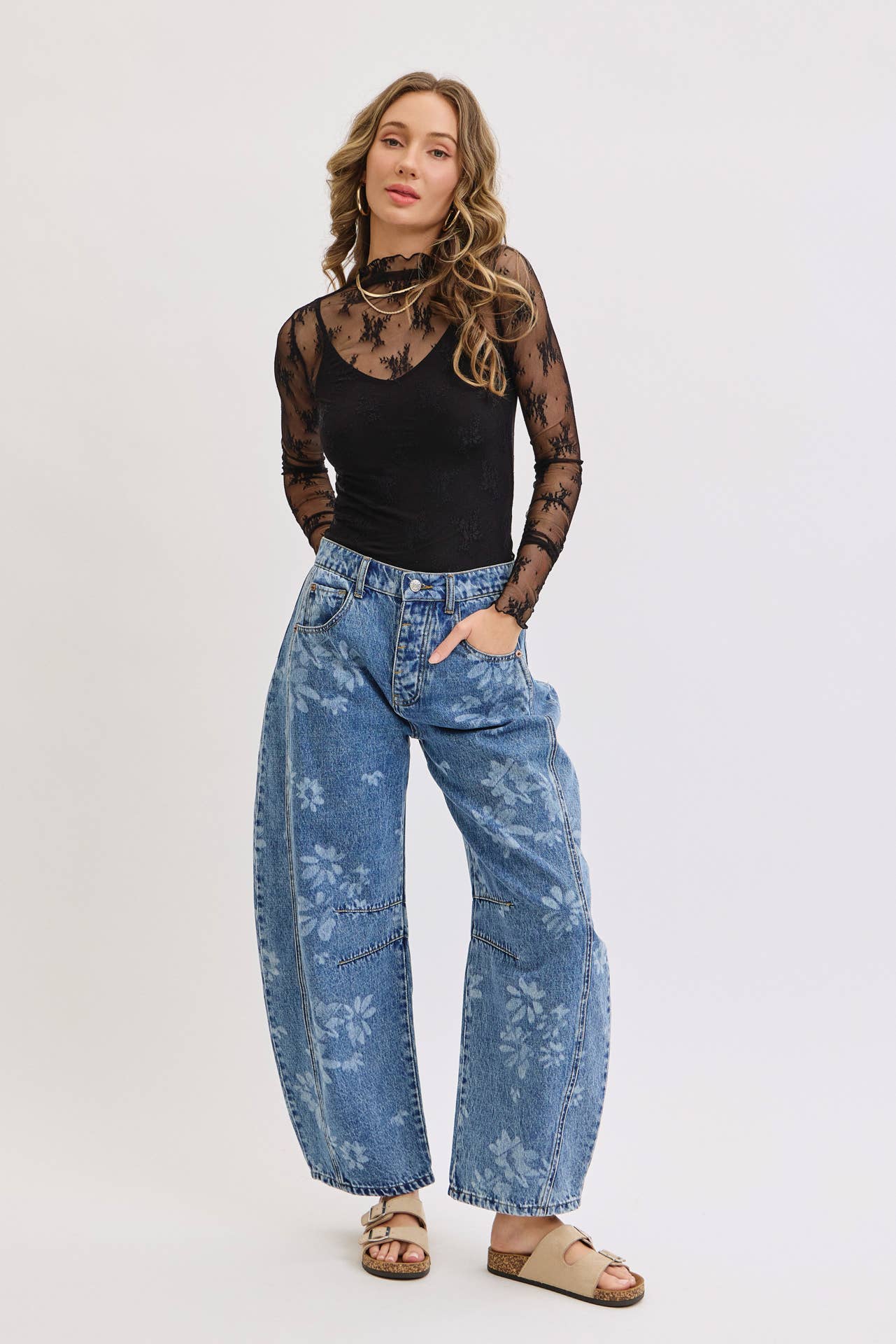 Floral Print Barrel Jean