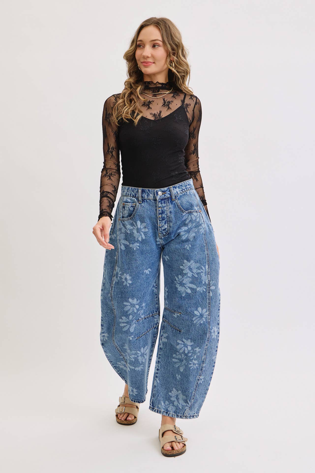 Floral Print Barrel Jean