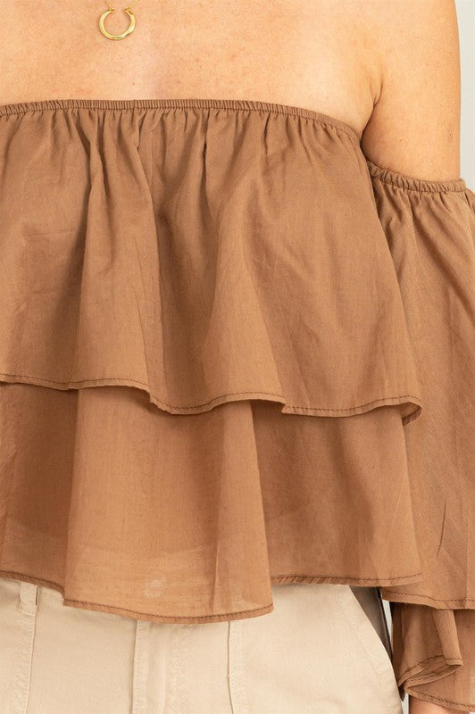 Perfect Ruffle Brown Off Shoulder