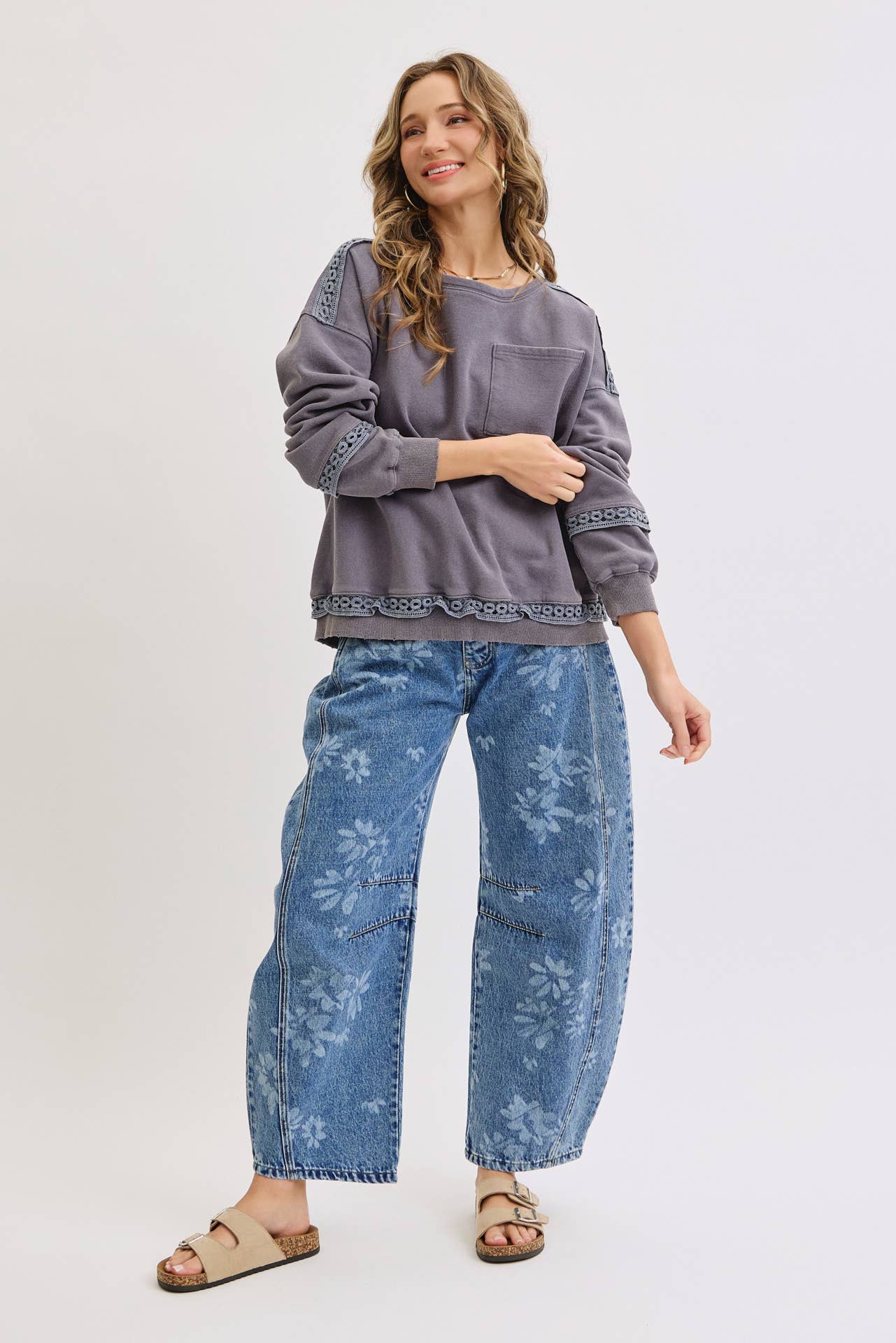 Floral Print Barrel Jean