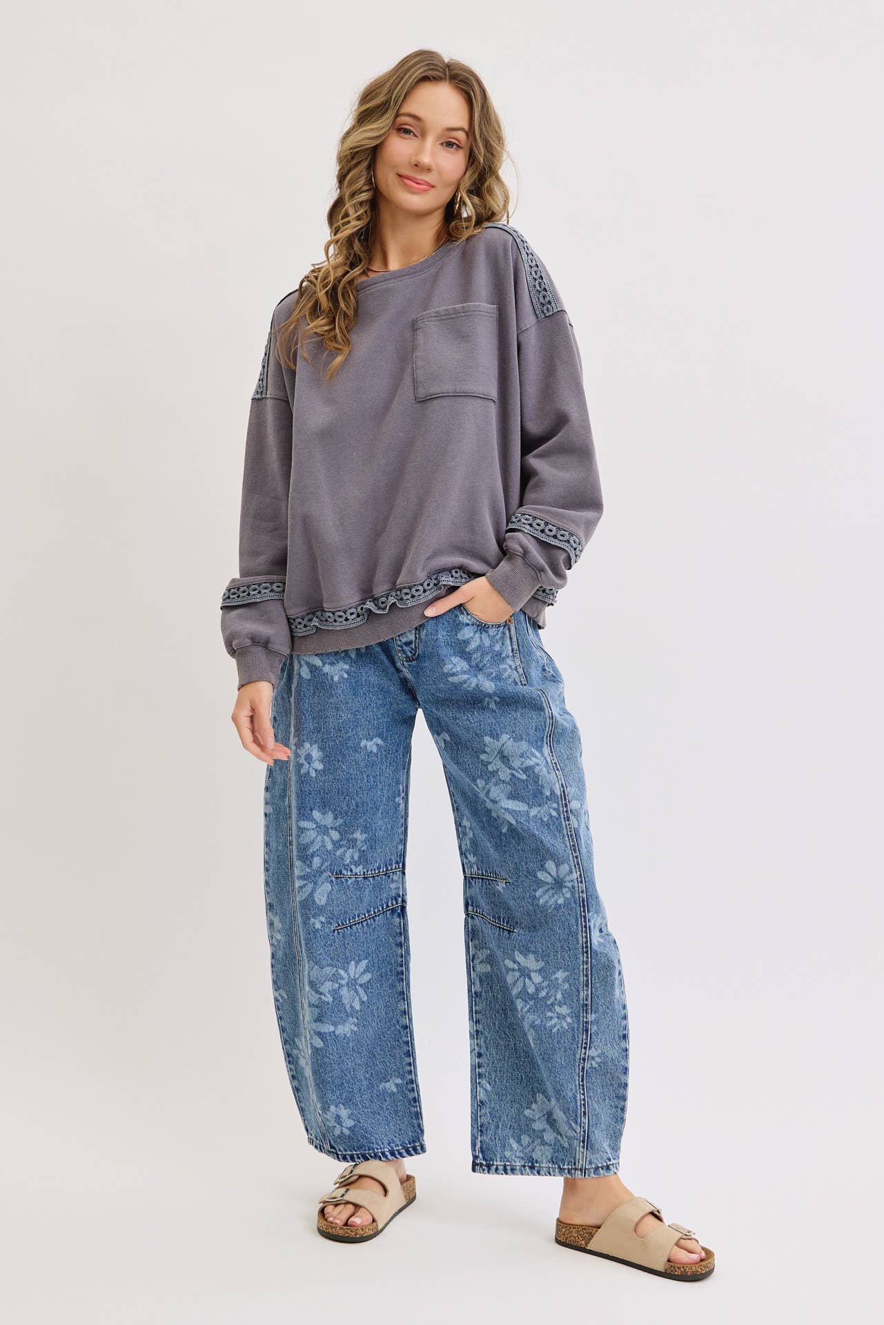 Floral Print Barrel Jean