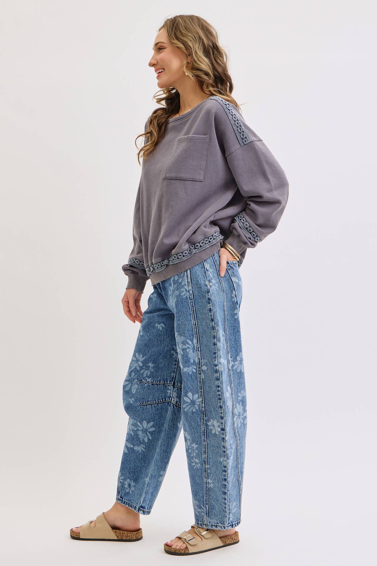 Floral Print Barrel Jean