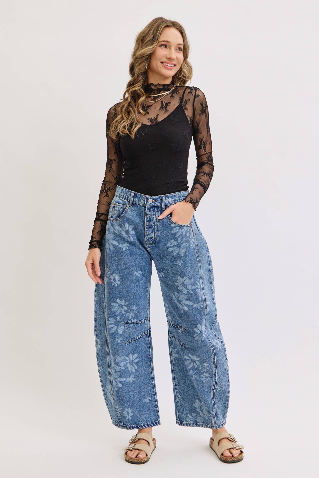 Floral Print Barrel Jean