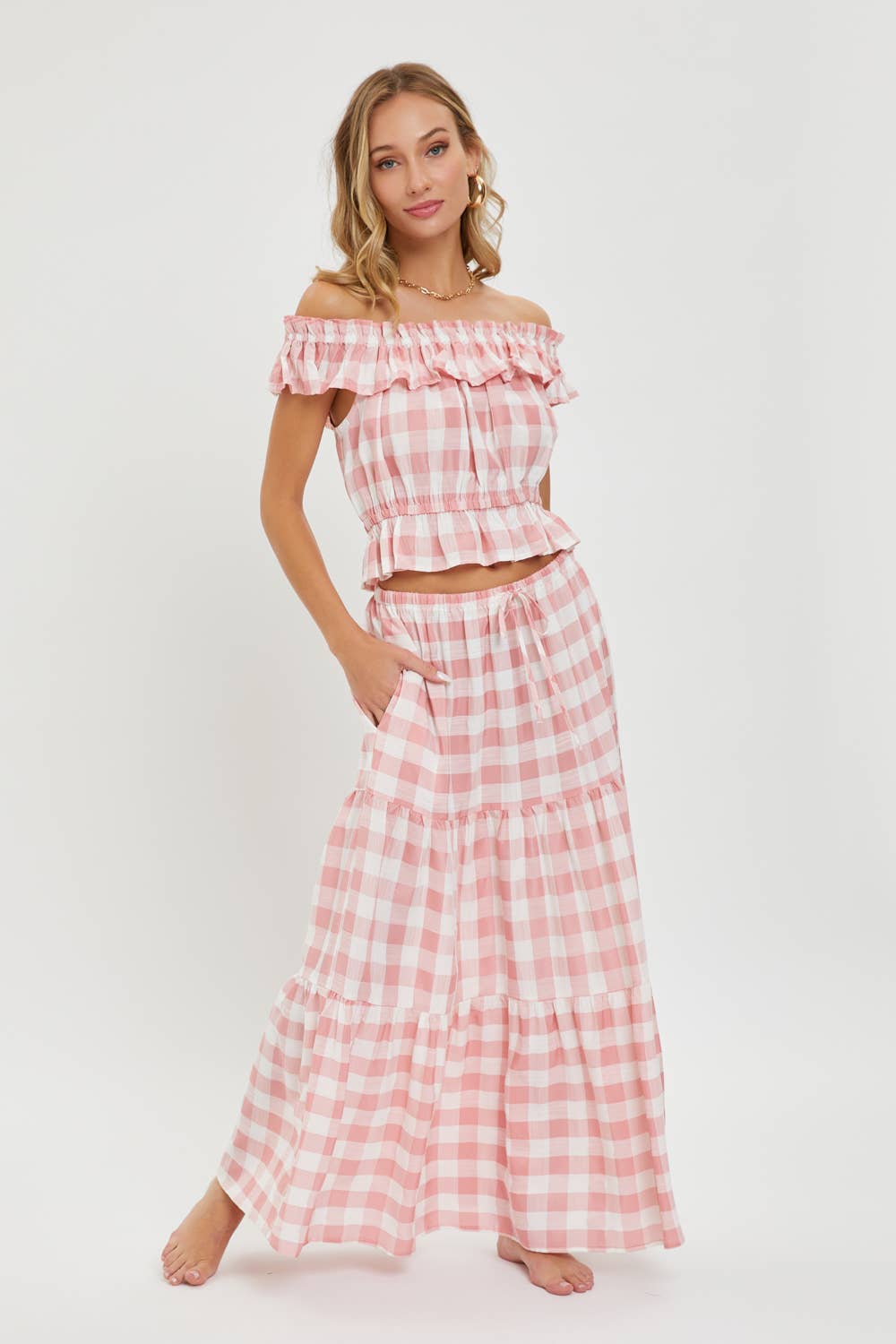 Pink Gingham Tiered Skirt