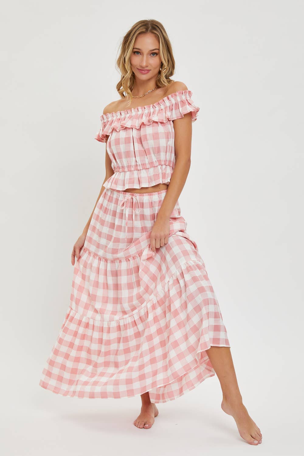 Pink Gingham Tiered Skirt