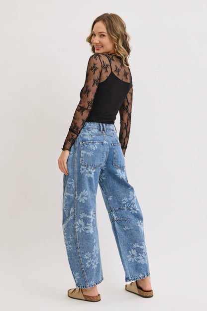 Floral Print Barrel Jean