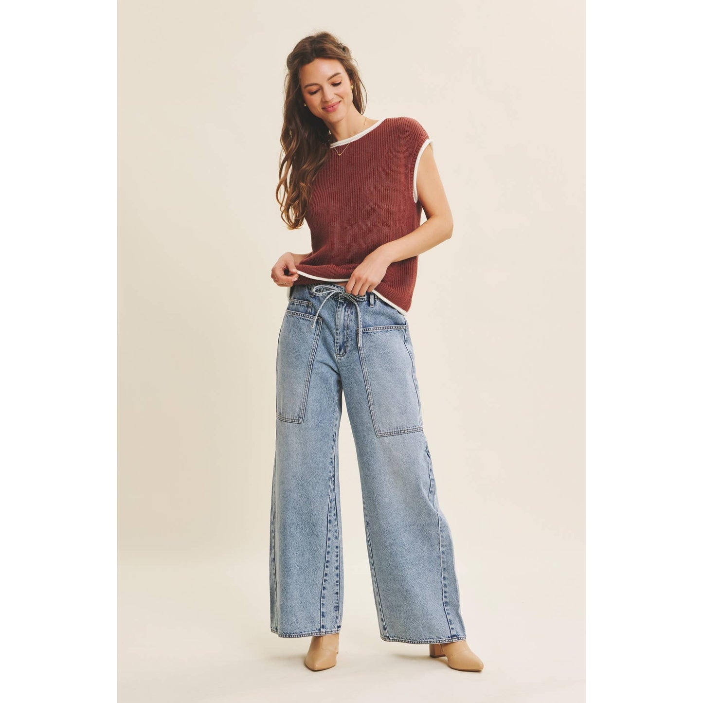 Drawstring Wide Leg Denim