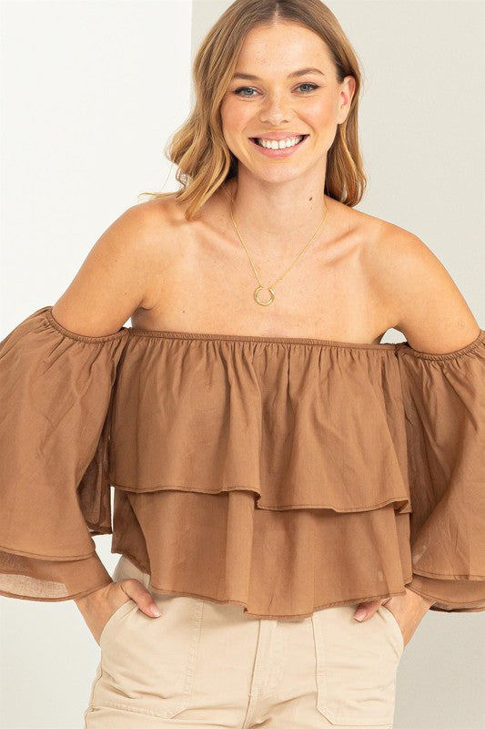 Perfect Ruffle Brown Off Shoulder